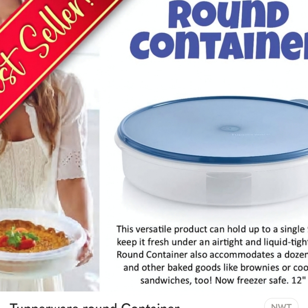 Bundle 2 round container  blue lids  1 Jr serve red  1 bacon keeper black lids